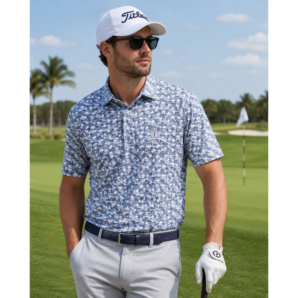 Stitch Golf Polo Shirt‎ Mens L Blue Camo Print Golfcore Country Club Performance